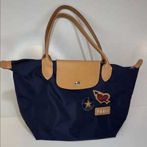 Longchamp Navy Tote with Tan Leather Handles and Patches